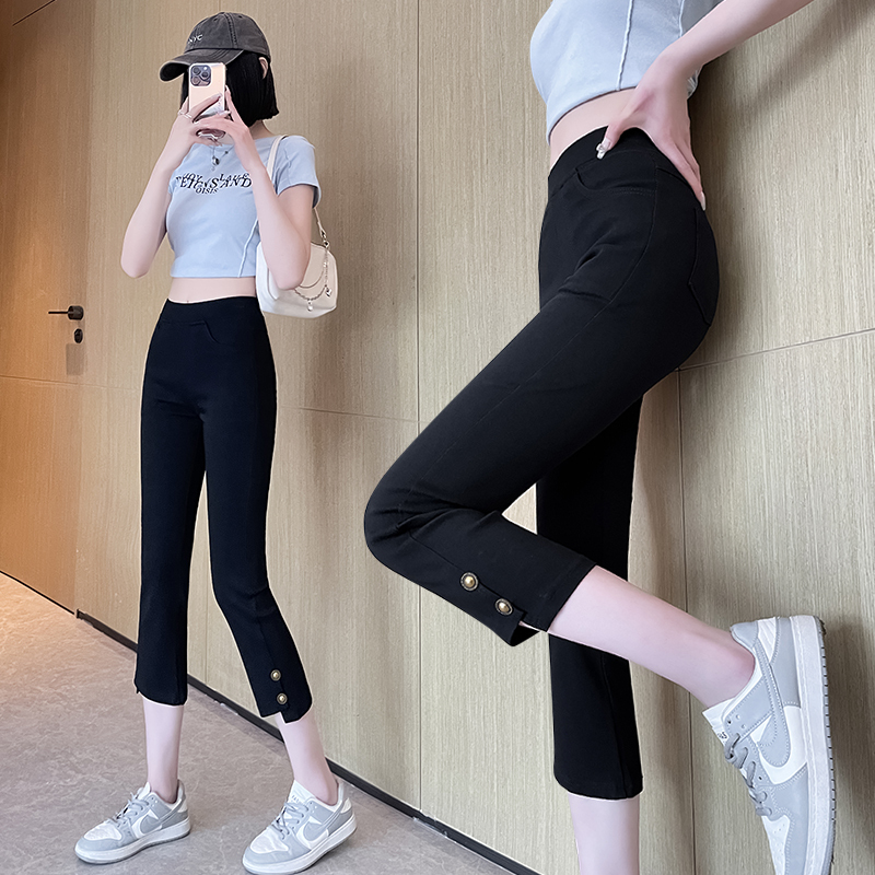 Women's Cropped Cigarette Pants 2026 New Style, 8/10 Length Pants for Petite Women, Buttoned Faux Denim Pants, Thin Black Pants, 9/10 Length