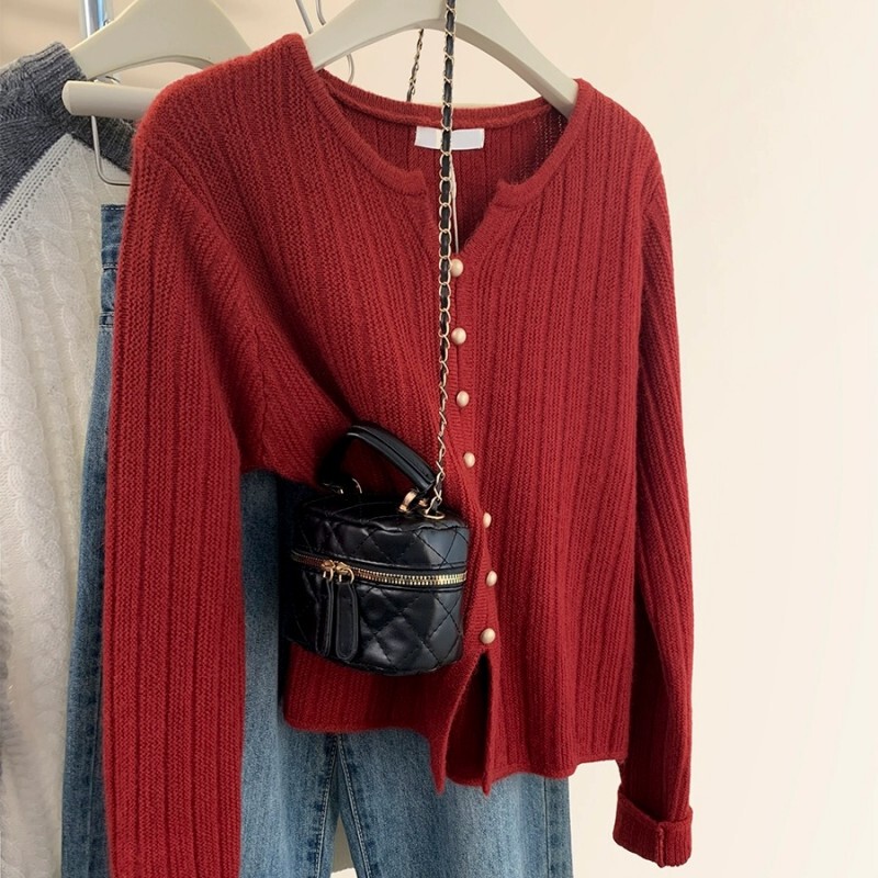 224 Red Pure Wool Sweater V-Neck Sweater for Women Autumn and Winter New Year Inner Wear Knitted Jacket Base Layer