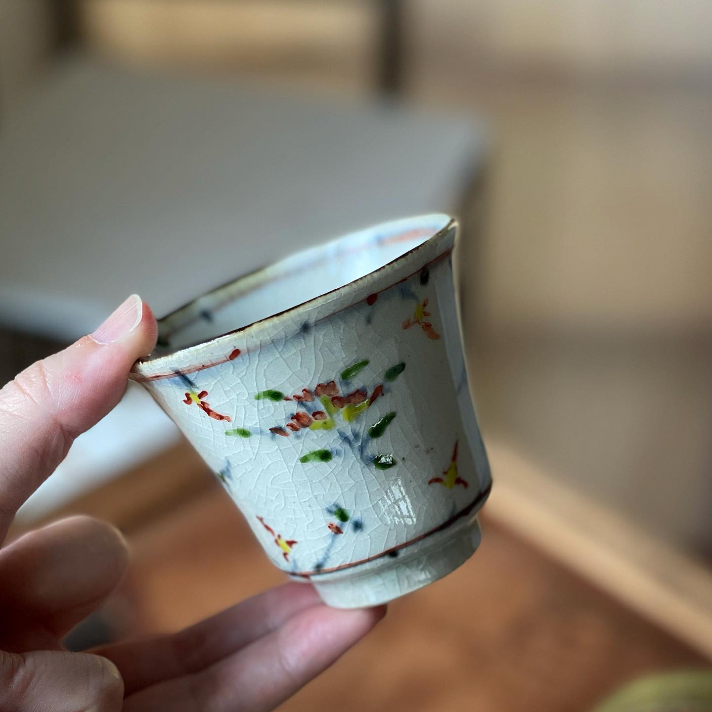 Japanese writer Fujita's Dye Paid Handpainted Green Flowers Red Annan Coffee Cup Teapot Dinner Plate ROUND DISC EXHIBITION BOUGHT