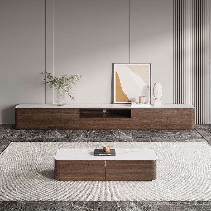 Nordic Rock Plate TV Cabinet Tea Table Combo Hu Peach Color Floor-Style Extremely Minimalist Size Family Room Terrace Whole Dress 