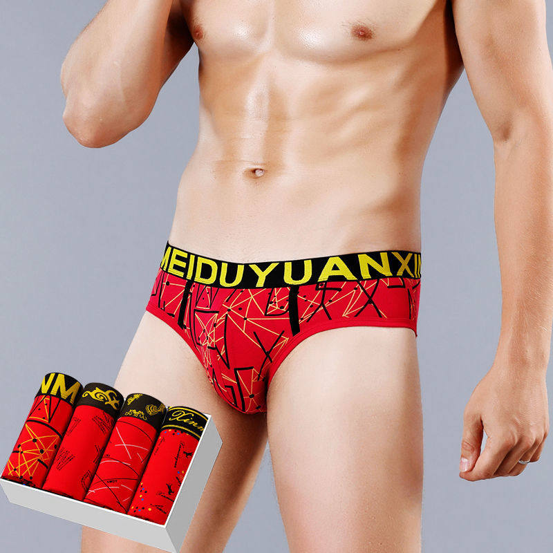 Benming year men's underwear men's briefs cotton sexy big red men's safety pants mid-waist shorts head summer thin