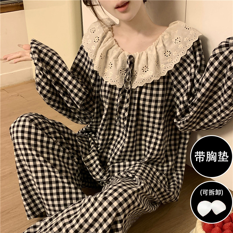 2025 New Spring and Autumn Pure Cotton Pajamas for Women with Chest Pads, Long Sleeves and Long Pants, Sweet and Cute Princess Style Loungewear for Winter 2025 New Spring and Autumn Pure Cotton Pajamas for Women with Chest Pads, Long Sleeves and Long Pants, Sweet and Cute Princess Style Loungewear for Winter