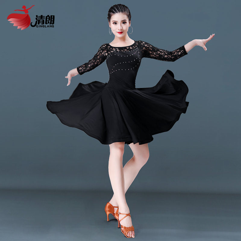 Qinglang Latin Dance Costume Women Adults New Foreign Dress Summer Long Sleeves Lace Dance Suit Performance Practice