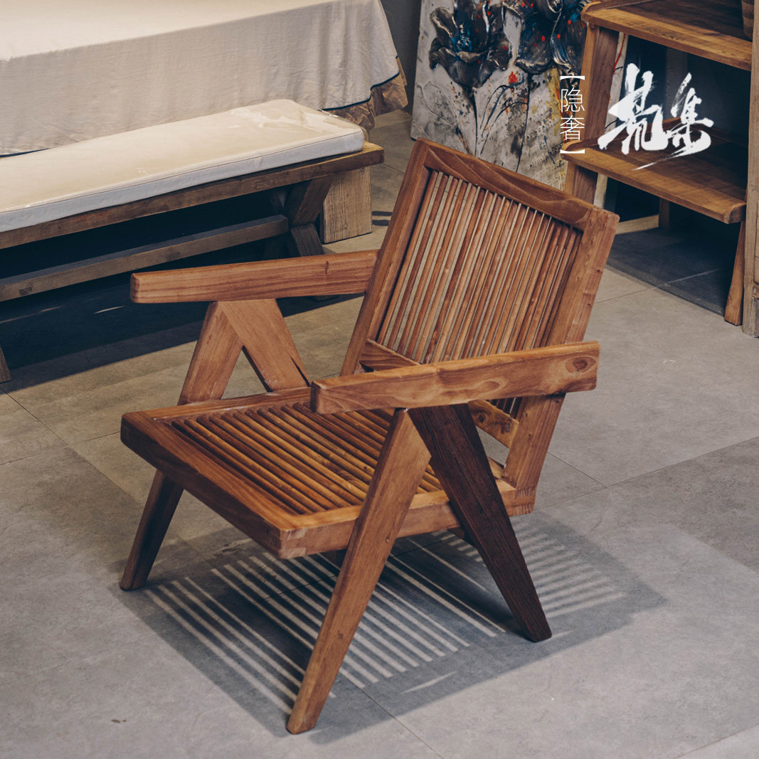Barren set) wabi-sabi wind old house wooden Chandigarh retro dining chair solid wood lounge chair old elm pj chair homestay study