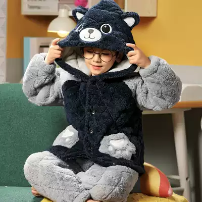 Fat big boy pajamas boy flannel 9-11-13-15 years old thickened three-layer cotton children coral fleece home clothing