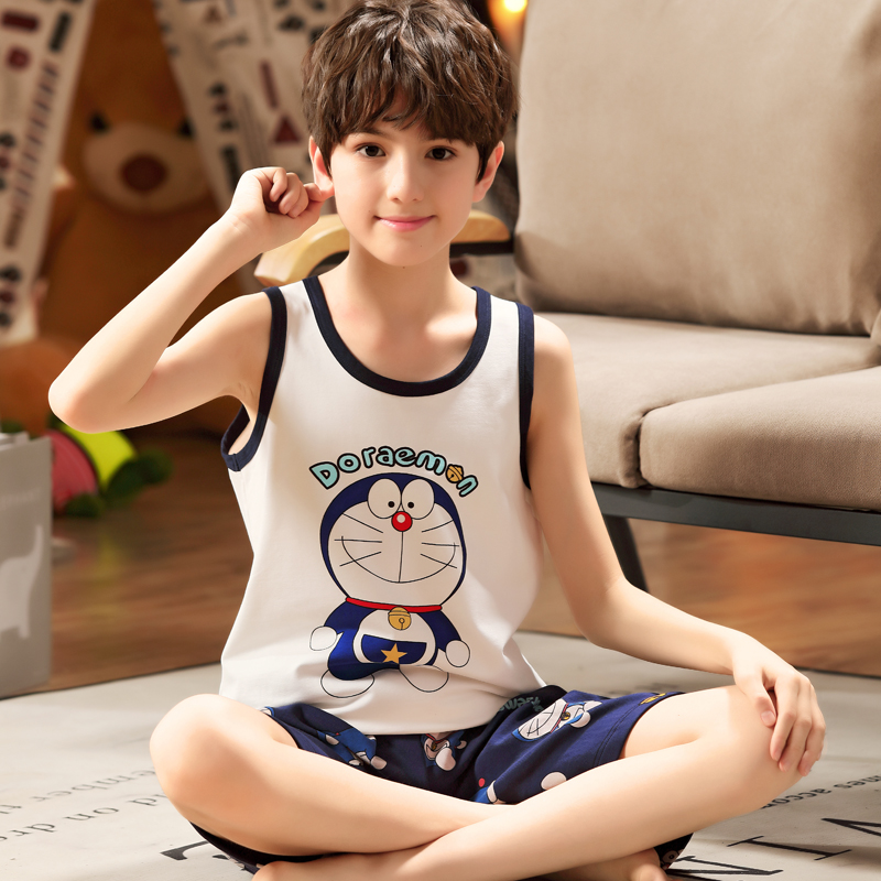 Childrens đồ ngủ cậu bé mùa hè cậu bé mỏng bông tay quần áo nhà mùa hè trẻ em lớn mặc vest 12 tuổi 15.