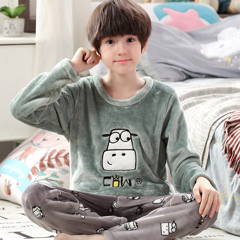 Boy thickened flannel pyjamas 9-12-15-year-old boy's home Gaffer Enlarged Coral Suede Fatboy Suit