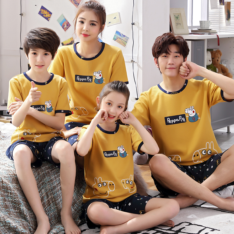 Parent-child sleepwear family of three mouthed mother-daughter Family clothes mother-son Four-mouth summer short sleeve long pants slim fit summer half sleeve