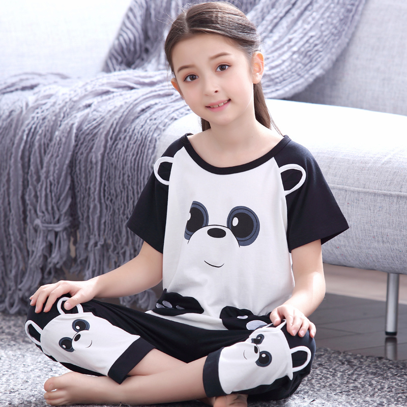 Girl Sleepwear Spring Summer Short Sleeve Long Pants Pure Cotton Female Big Boy Cartoon Air Conditioning Suit Thin Little Girl Princess