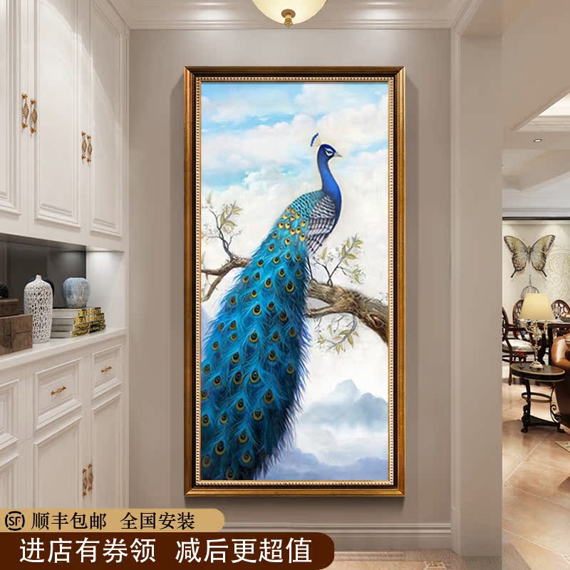 Hand painting Peacock decorative painting American oil painting Entrance painting Vertical version Lucky Feng Shui corridor aisle European hanging painting