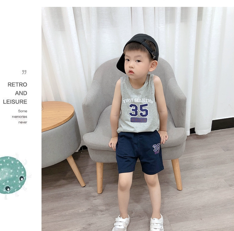 Bé trai mùa hè phù hợp với trẻ em đẹp trai mới quần short áo gi lê cotton hai mảnh thể thao em bé không tay - Phù hợp với trẻ em