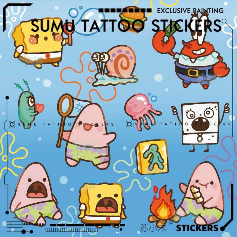 Su Xiaomu Q-Version Spongebob Squarepants Themed Mr. Krabs Tattoo Stickers, Waterproof, Long-Lasting, Realistic and High-End for Men and Women