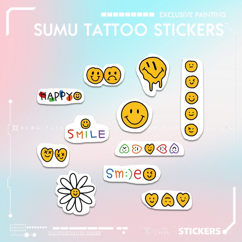 Su Xiaomu | Tattoo Artist Collaboration Yellow Smiley Face Trendy Cool Arm Tattoo Sticker Waterproof Long-Lasting Realistic for Women