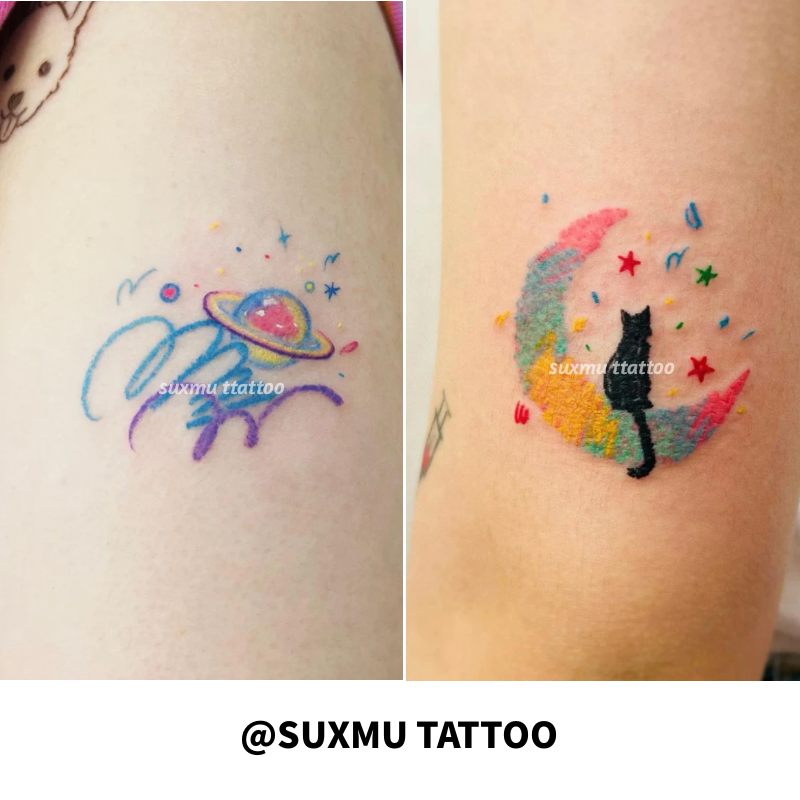 Su Xiaobi-ins Color creative Saturn cute arm wax pen wind color moon and kitty tattoo sticker-Taobao