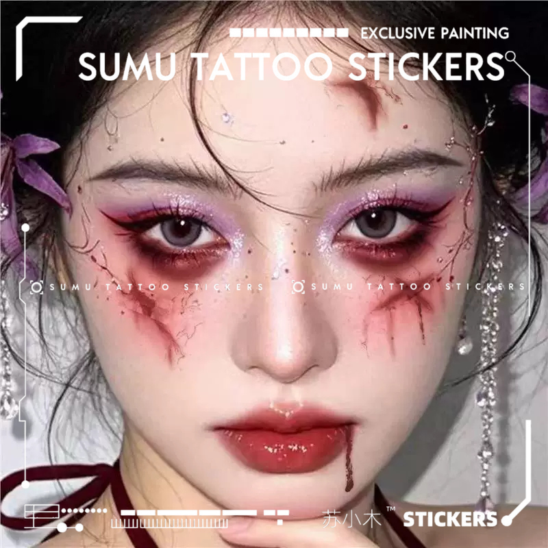 Su Xiaomu Halloween Scar Tattoo Stickers for the Mouth and Forehead, Realistic Blood Wound, Waterproof, Long-Lasting, Dark, Washable