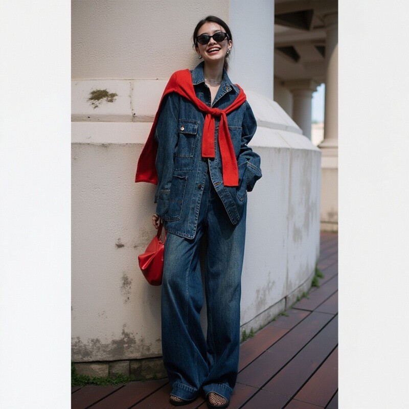Denim Suit Set for Women, Autumn High-End Vintage Street Style Loose Workwear Jacket and Wide-Leg Pants Two-Piece Set