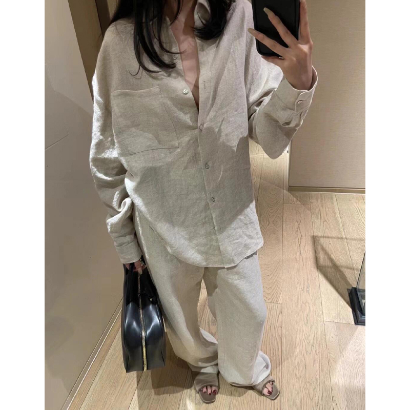 Old Money Style Linen Shirt Set for Women 2026 Summer Casual Vacation Lazy Style Loose Sun Protection Cotton and Linen Two-Piece Set