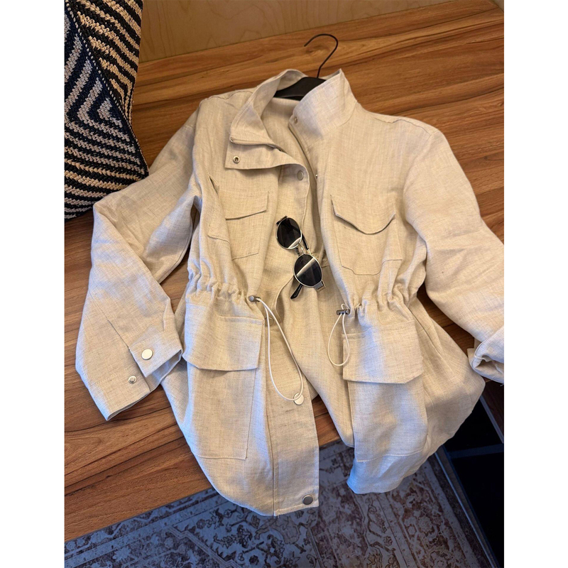 Old Money Style Light Luxury Cotton and Linen Jacket for Women, New Summer Fashion, Stylish Drawstring Retro Linen Workwear Linen Top Old Money Style Light Luxury Cotton and Linen Jacket for Women, New Summer Fashion, Stylish Drawstring Retro Linen Workwear Linen Top