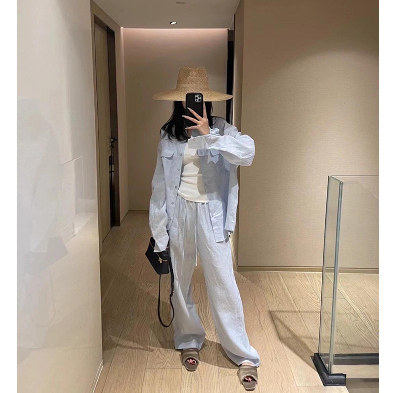 Casual Cotton and Linen Suit for Women, Spring and Summer New Style, Simple and Fashionable Linen Blue Sun Protection Shirt, Wide-Leg Pants Two-Piece Set