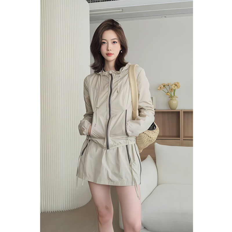 Korean Style Casual Sun Protection Clothing Set for Women, Summer 2026 Super Trendy Outfit, Sporty Hooded Jacket and Short Skirt Two-Piece Set