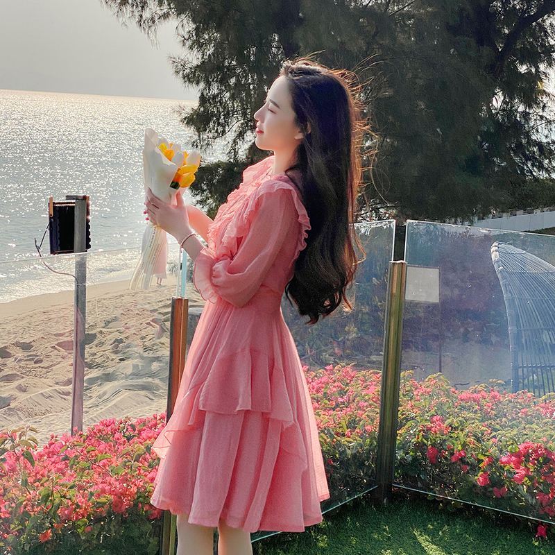 High-End Tea Break Style French Gentle Puff Sleeve Pink Dress for Women, Summer Elegant Waist-Cinching Ruffle Fairy Dress