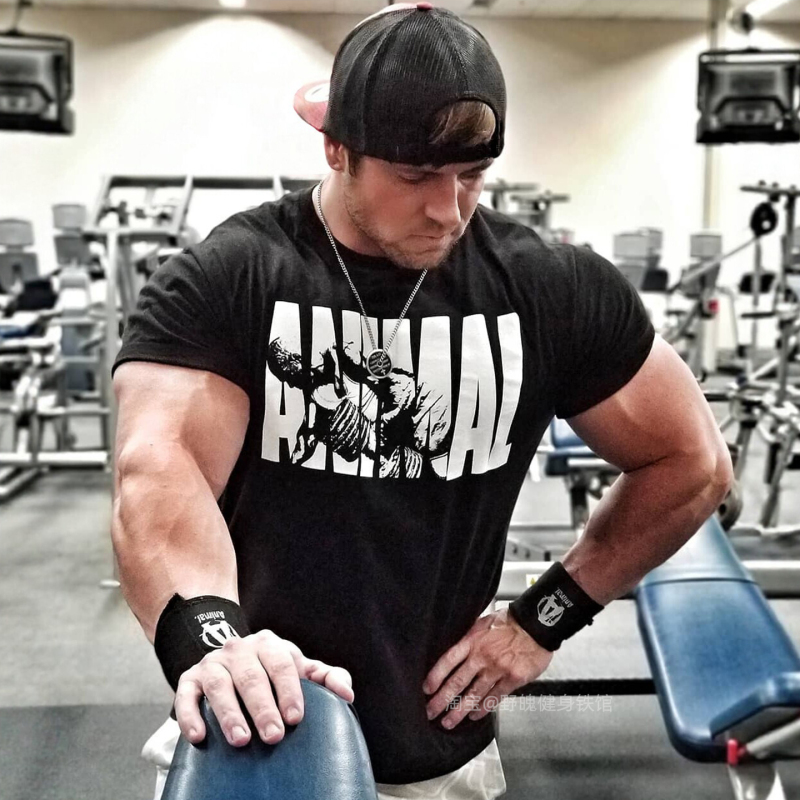 Global Beast Hardcore Short Sleeve Fitness Muscle-Enhancing Sports Elastic Cotton Sweat-Wicking Animal Muscle Men's T-Shirt with Cuffed Sleeves