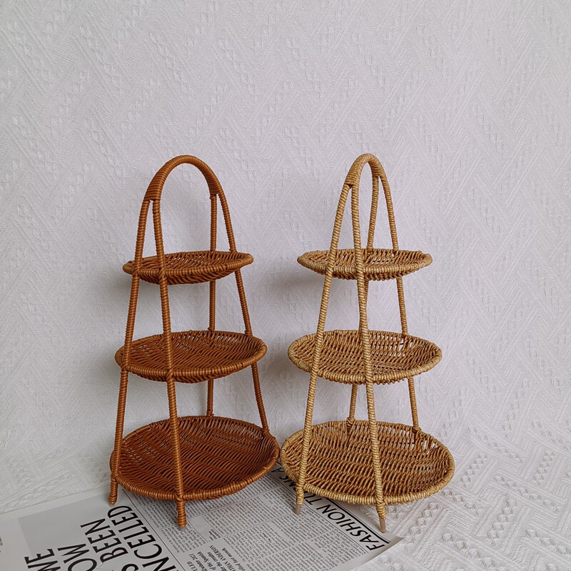 Zy02 Imitation Rattan Hand-Woven Two-Color Desktop Three-Layer Dessert Plate Fruit Candy Plate