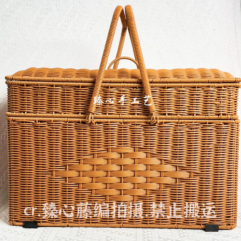 Tf31 Large-Capacity Two-Layer Rectangular Offering Basket, Worship Basket, Picnic Basket, Rattan-Like Handmade Woven Tote Basket