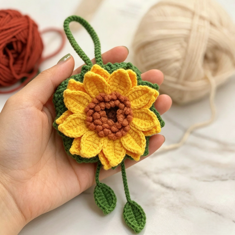 [Finished Product] Won the First Prize in One Fell Swoop: Sunflower Earphone Case, Knitted by Hand with Yarn, DIY LAOSHU Gift Sachet Bag