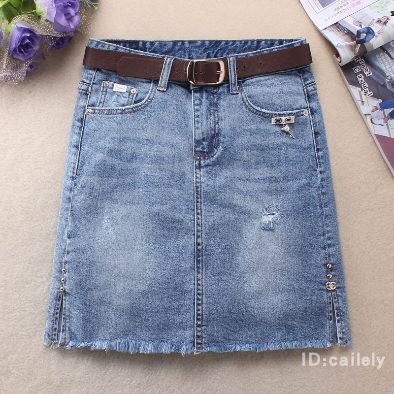 Váy 18 mùa thu đông phiên bản Hàn Quốc của váy denim co giãn mới Váy chữ A xẻ ngang hông bước váy mỏng chân váy 3 tầng