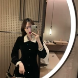 Осенняя длинная черная юбка, лонгслив, платье, коллекция 2021, в корейском стиле, средней длины, воротник поло, яркий броский стиль, по фигуре