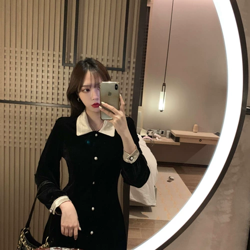 Осенняя длинная черная юбка, лонгслив, платье, коллекция 2021, в корейском стиле, средней длины, воротник поло, яркий броский стиль, по фигуре