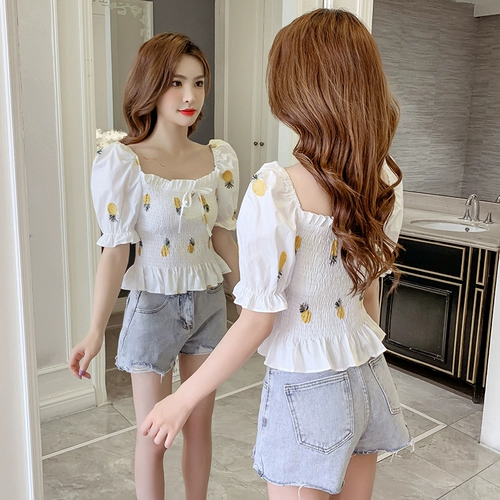 Милый свежий универсальный короткий корсет, клубника, рубашка, открытые плечи, коллекция 2021, в корейском стиле, с вышивкой