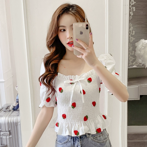 Милый свежий универсальный короткий корсет, клубника, рубашка, открытые плечи, коллекция 2021, в корейском стиле, с вышивкой