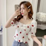 Милый свежий универсальный короткий корсет, клубника, рубашка, открытые плечи, коллекция 2021, в корейском стиле, с вышивкой