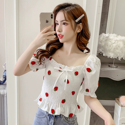 Милый свежий универсальный короткий корсет, клубника, рубашка, открытые плечи, коллекция 2021, в корейском стиле, с вышивкой