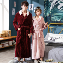 Hooded nightgown womens winter extended thickened section couple a pair of flannel pajamas mens coral velvet bathrobe