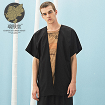 (Mens Ruins) Stack Mountain China Wind Vegetarian Black Improved Straight Door Flap Half Arm Improved Tang Dress Hanfu