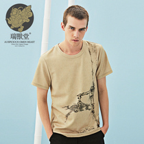 (Mens Ruins) Cloud Cliff China Wind Round Collar Youth Short Sleeve Printed Personality Fashion Vintage T-shirt Male Summer