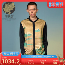 (Mens Rui Beutang) Haoze Chinese Style Designer Youth Print Long Sleeve Hanfu Chao Shirt Jacket