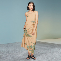 (Mustard original) transverse wave Chinese style summer sleeveless green landscape print and ankle long dress women