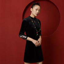 (Mustard original) Spring boudoir new Chinese retro velvet dress cuff printing stitching improved cheongsam skirt
