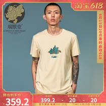 (Males Ruins) skyline Chinese wind round neckline with short sleeve blouses printed lovers retro T-shirt male