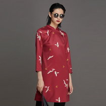 (mustard original) Yu yin China Wind comeback ancient design Neckline 70% Sleeves Fairy Crane Printed Qipao Dress dress