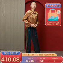 (Mustard original) Ci Chinese style loose high waist straight pants loose stitching design velvet casual pants women