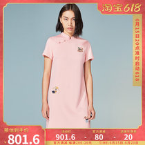 (mustard original) Tong tube Chinese wind embroidery design inclined flap disc buckle upright collar short sleeve Improved qipao dress