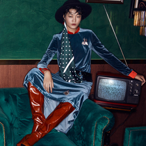 (Mustard original) Qingqiu China Wind Heavy Industry Embroidery Print Contrast Splice Long Velvet Dress