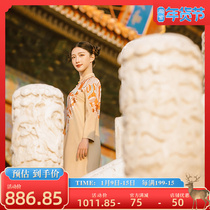 (Mustard original) Loulan Chinese style retro print design slant stand collar improved cheongsam dress women