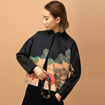 (Mustard original) Qingcheng retro printing improved Tang suit bat sleeve Chinese collar design short jacket
