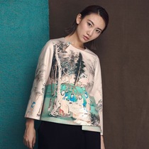 Mustard original elegant Chinese style improved Tang suit jacket Chinese style printed round neck oblique style Hanfu